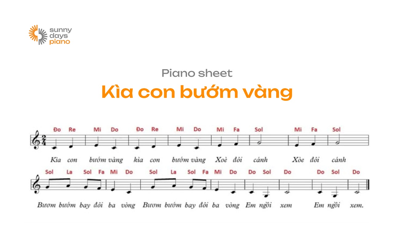 Nốt nhạc, cách đánh đàn bài Kìa con bướm vàng piano sheet