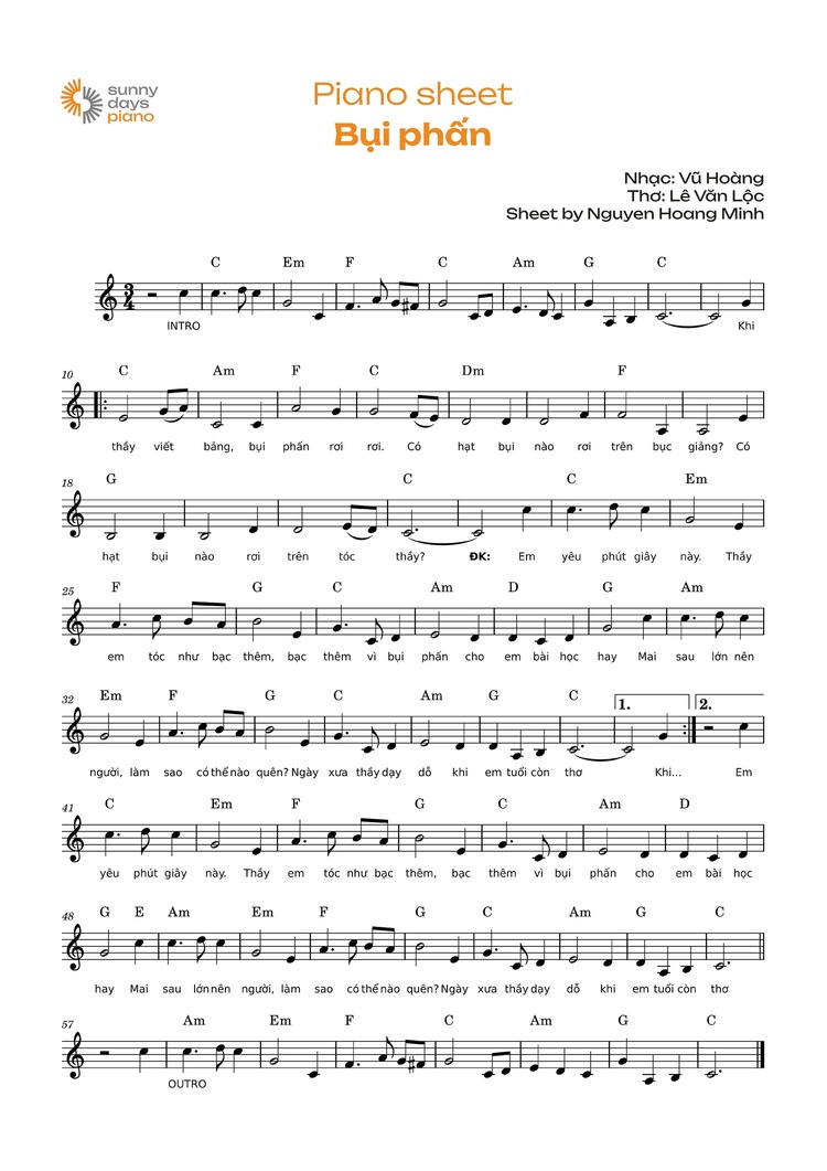 Top 1 piano sheet chúc mừng ngày nhà giáo Việt Nam 20-11: Bụi phấn Piano sheet